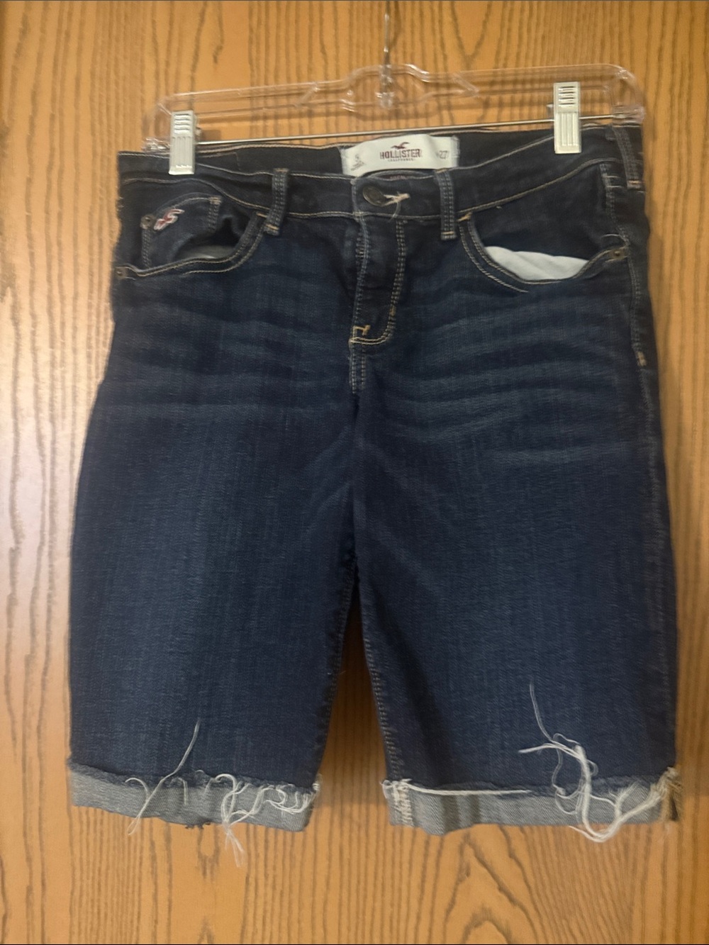 Hollister Frayed Hem Dark Blue Denim Bermuda Shorts‎
